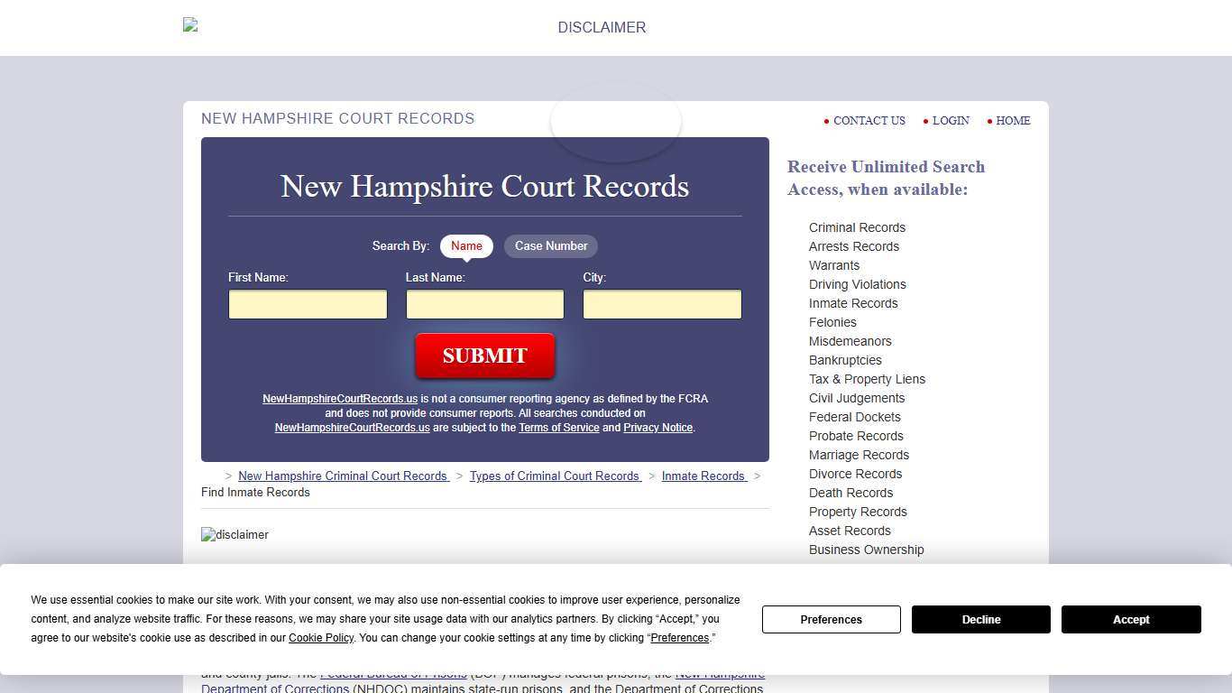 New Hampshire Inmate Search NewHampshireCourtRecords.us